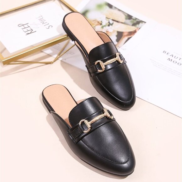 Black Women's Horsebit Decor Loafer Mules Flat Shoes - Picture 1 of 6
